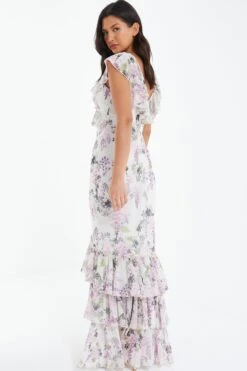 White Chiffon Floral Frill Maxi Dress -Glamourista 00100036290 XB
