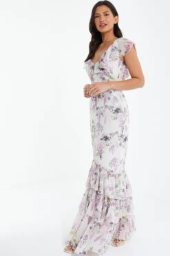 White Chiffon Floral Frill Maxi Dress -Glamourista 00100036290 XS