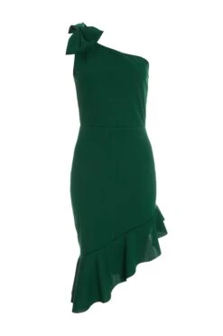 Bottle Green One Shoulder Bow Midi Dress