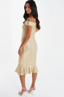 Petite Gold Sequin Bardot Midi Dress -Glamourista 00100036303 XB
