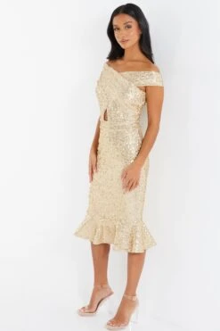 Petite Gold Sequin Bardot Midi Dress -Glamourista 00100036303 XS