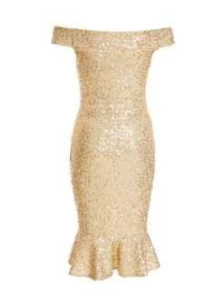 Petite Gold Sequin Bardot Midi Dress -Glamourista 00100036303 ZB