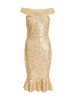 Petite Gold Sequin Bardot Midi Dress