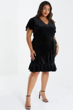 Curve Black Velvet Frill Dress -Glamourista 00100036328 XS