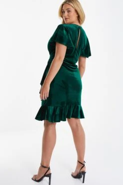 Curve Bottle Green Velvet Frill Dress -Glamourista 00100036329 XB