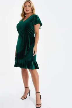 Curve Bottle Green Velvet Frill Dress -Glamourista 00100036329 XS