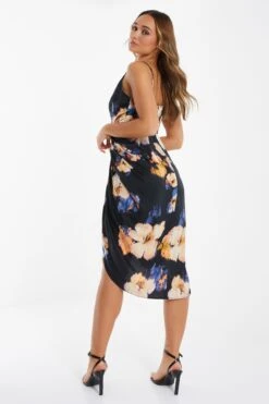Black Satin Floral Ruched Midi Dress -Glamourista 00100036340 XB