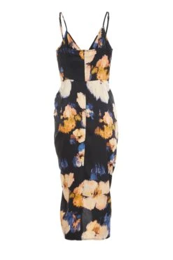 Black Satin Floral Ruched Midi Dress -Glamourista 00100036340 ZB