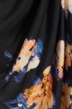 Black Satin Floral Ruched Midi Dress -Glamourista 00100036340 ZS