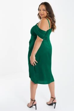 Curve Bottle Green Satin Ruched Midi Dress -Glamourista 00100036345 XB