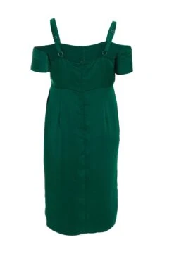 Curve Bottle Green Satin Ruched Midi Dress -Glamourista 00100036345 ZB