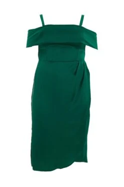 Curve Bottle Green Satin Ruched Midi Dress