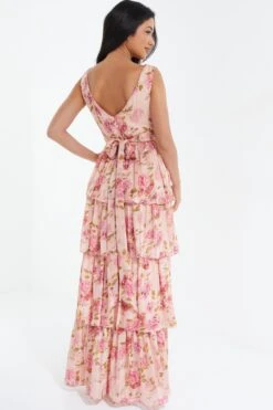 Cream Chiffon Floral Tiered Maxi Dress -Glamourista 00100036346 XB