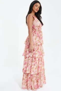 Cream Chiffon Floral Tiered Maxi Dress -Glamourista 00100036346 XS