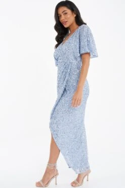 Light Blue Sequin Batwing Maxi Dress 9 Light Blue Sequin Batwing Maxi Dress -Glamourista 00100036357 XS
