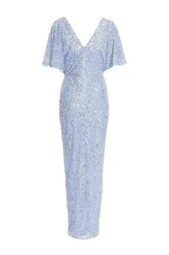 Light Blue Sequin Batwing Maxi Dress 10 Light Blue Sequin Batwing Maxi Dress -Glamourista 00100036357 ZB