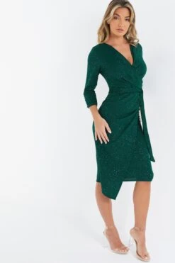 Bottle Green Glitter Wrap Tie Midi Dress 9 Bottle Green Glitter Wrap Tie Midi Dress -Glamourista 00100036413 XS