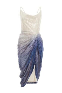 Silver Ombre Sequin Ruched Midi Dress