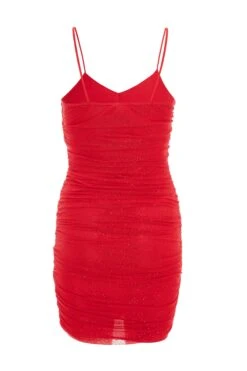 Red Glitter Ruched Bodycon Mini Dress -Glamourista 00100036422 ZB