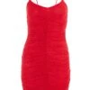 Red Glitter Ruched Bodycon Mini Dress