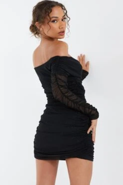 Black Bardot Glitter Ruched Bodycon Mini Dress -Glamourista 00100036425 XB
