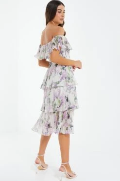 Petite White Chiffon Floral Bardot Midi Dress -Glamourista 00100036430 XB