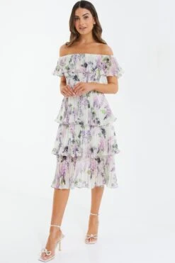 Petite White Chiffon Floral Bardot Midi Dress -Glamourista 00100036430 XS