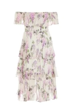 Petite White Chiffon Floral Bardot Midi Dress -Glamourista 00100036430 ZB
