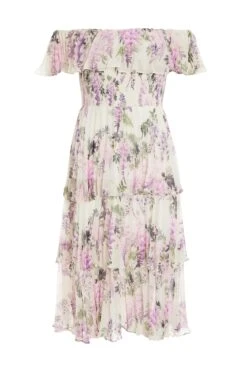 Petite White Chiffon Floral Bardot Midi Dress