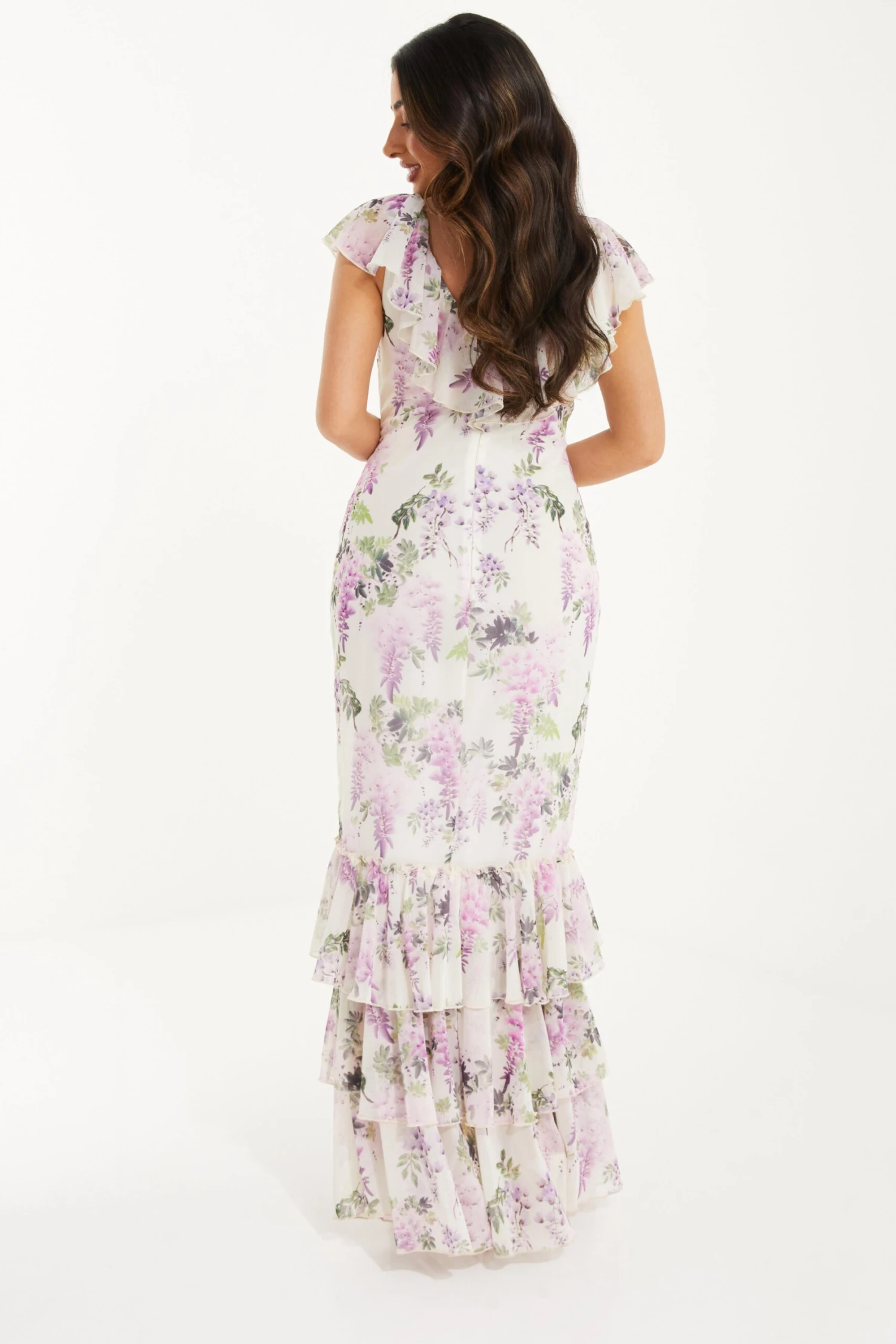 Petite White Chiffon Floral Frill Maxi Dress 3 Petite White Chiffon Floral Frill Maxi Dress - Image 3