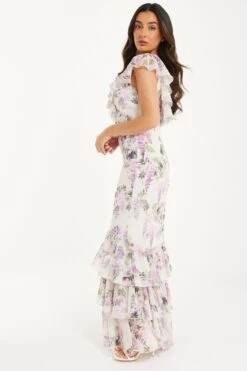Petite White Chiffon Floral Frill Maxi Dress 9 Petite White Chiffon Floral Frill Maxi Dress -Glamourista 00100036431 XS