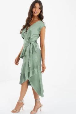 Sage Satin Tiered Midi Dress -Glamourista 00100036434 XS