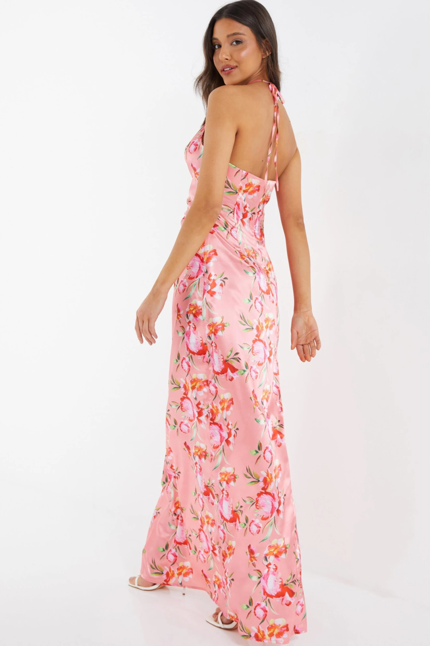 Coral Floral Satin Maxi Dress 3 Coral Floral Satin Maxi Dress - Image 3