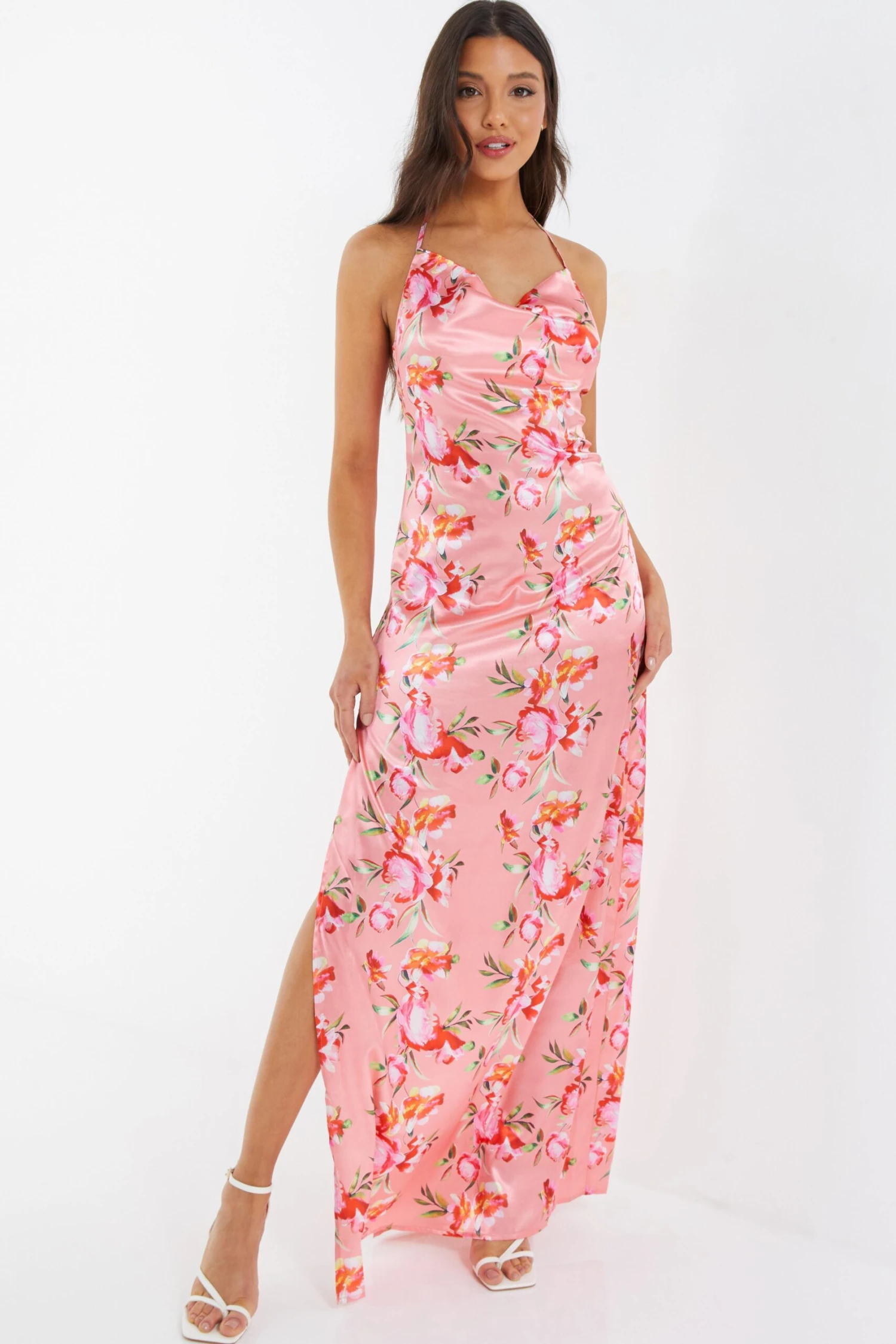 Coral Floral Satin Maxi Dress 2 Coral Floral Satin Maxi Dress - Image 2
