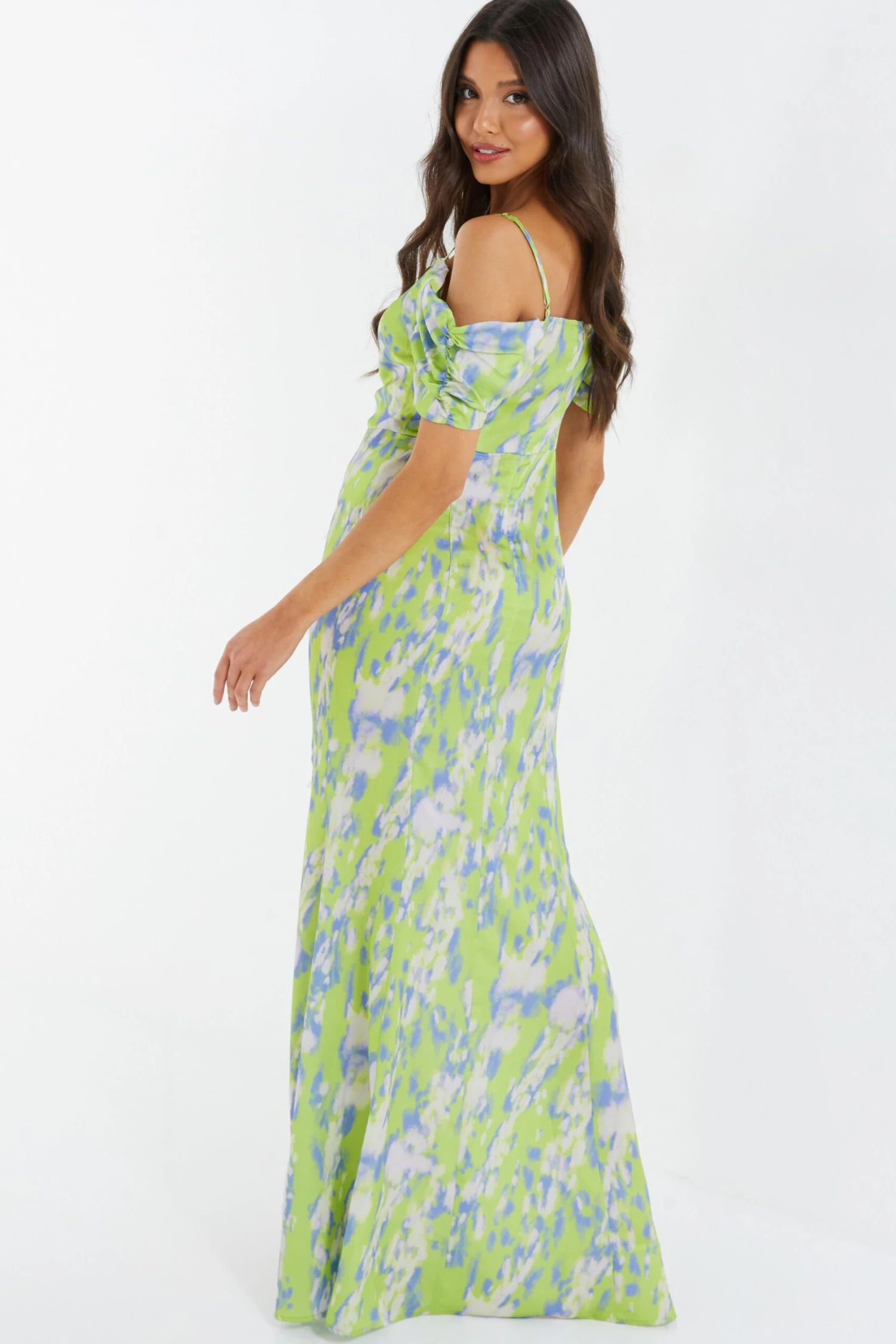 Lime Satin Marble Print Maxi Dress 3 Lime Satin Marble Print Maxi Dress - Image 3