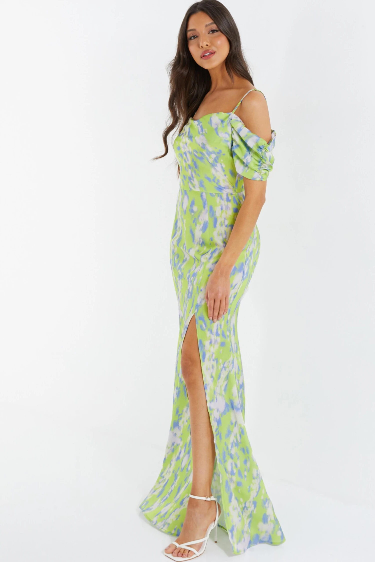 Lime Satin Marble Print Maxi Dress 4 Lime Satin Marble Print Maxi Dress - Image 4