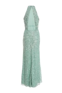 Green Sequin Halter Neck Fishtail Maxi Dress -Glamourista 00100036446 ZB