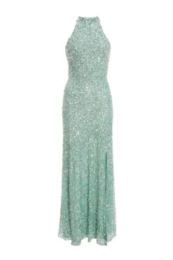 Green Sequin Halter Neck Fishtail Maxi Dress