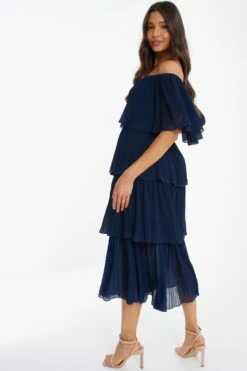 Navy Bardot Pleated Midaxi Dress -Glamourista 00100036451 XB