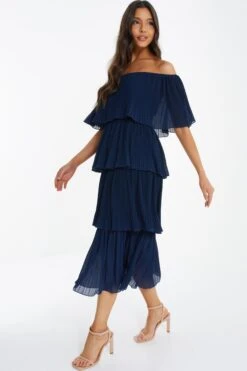 Navy Bardot Pleated Midaxi Dress -Glamourista 00100036451 XS