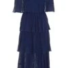Navy Bardot Pleated Midaxi Dress