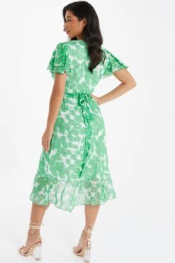 Green Chiffon Floral Wrap Midi Dress -Glamourista 00100036458 XB