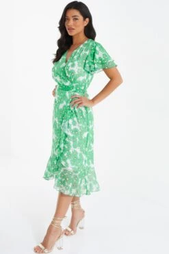Green Chiffon Floral Wrap Midi Dress -Glamourista 00100036458 XS