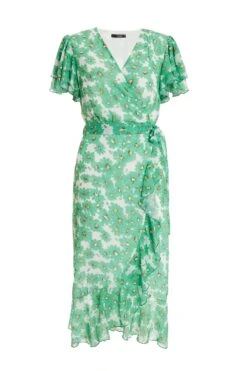 Green Chiffon Floral Wrap Midi Dress