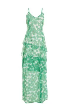 Green Chiffon Floral Tiered Maxi Dress