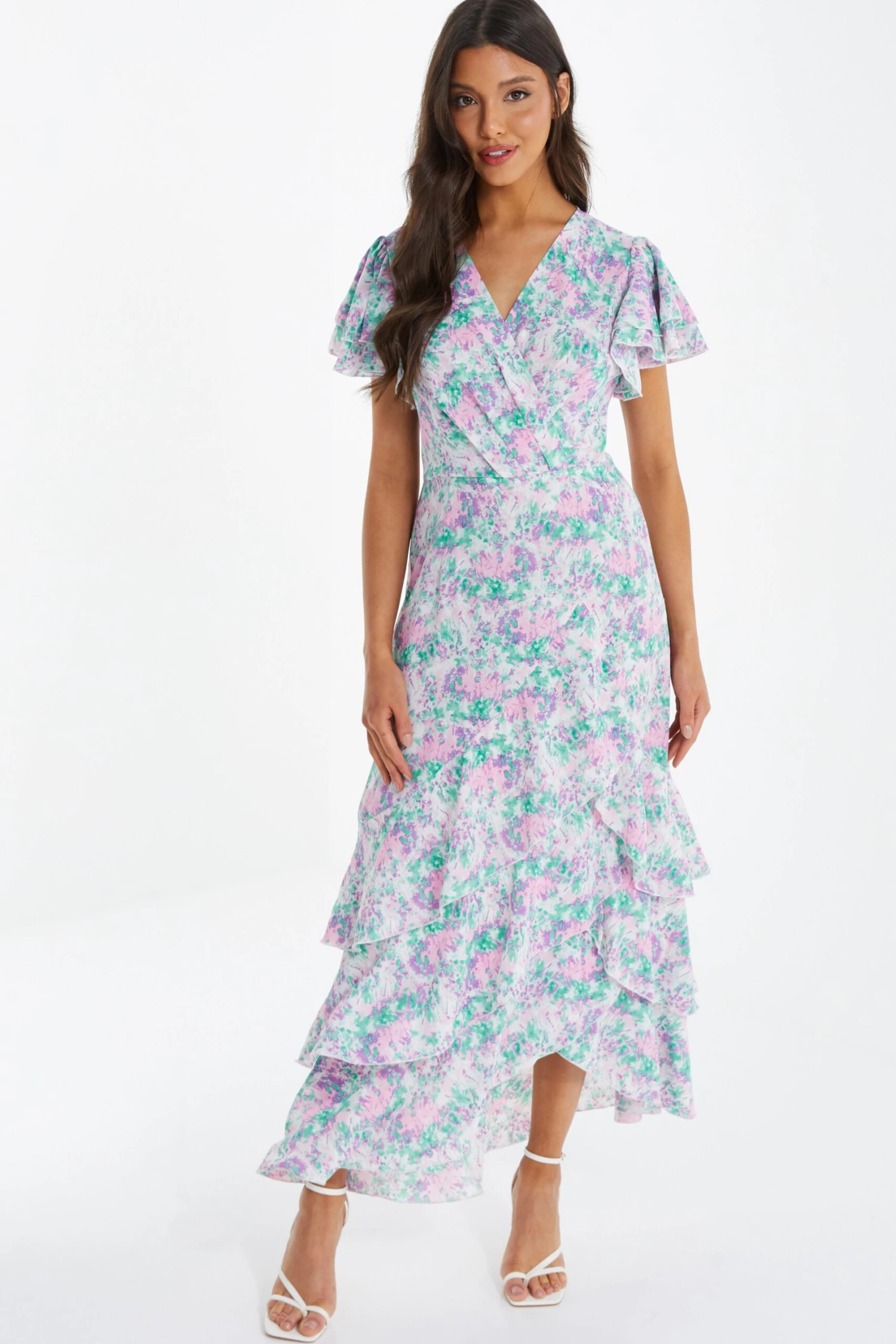 Pink Smudge Print Frill Maxi Dress 2 Pink Smudge Print Frill Maxi Dress - Image 2