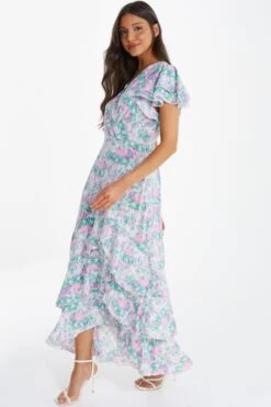 Pink Smudge Print Frill Maxi Dress 9 Pink Smudge Print Frill Maxi Dress -Glamourista 00100036463 XS
