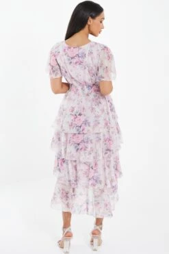 Pink Chiffon Floral Dip Hem Tiered Midi Dress -Glamourista 00100036467 XB