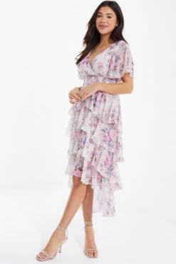 Pink Chiffon Floral Dip Hem Tiered Midi Dress -Glamourista 00100036467 XS