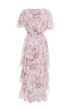 Pink Chiffon Floral Dip Hem Tiered Midi Dress -Glamourista 00100036467 ZB